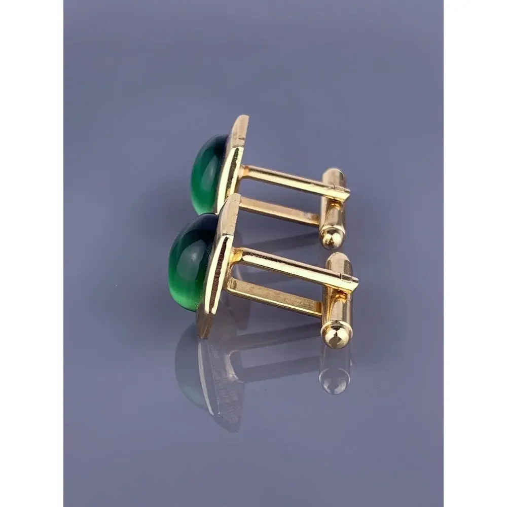 Green Round Cabochon Cufflinks Gold Tone Hexagon Simple Cats Eye Vintage